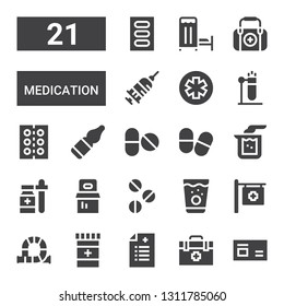 medication icon set. Collection of 21 filled medication icons included Medicine, Veterinarian, Prescription, Tube, Hospital, Pills, Beaker, Vials, Drug, Test tube, Pharmacy, Injection