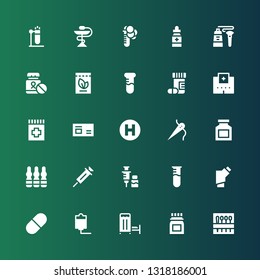 medication icon set. Collection of 25 filled medication icons included Needle, Medicine, Medical room, Iv, Pill, Inhalator, Test tube, Vaccine, Ampoule, Drug, Hospital, Drugs