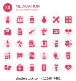 medication icon set. Collection of 30 filled medication icons included Pills, Test tube, Medicine, Potion, Medical, Hospital, Vaccine, Pill, Nasal spray, Drugs, Effervescent, Iv