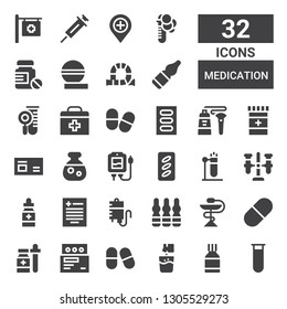medication icon set. Collection of 32 filled medication icons included Test tube, Pills, Effervescent, Medicine, Pill, Ampoule, Blood transfusion, Prescription, Potion, Tube, First aid