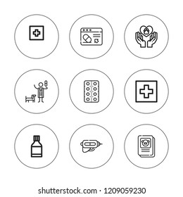 Medication icon set. collection of 9 outline medication icons with hospital, injection, pharmacy, pills, veterinarian icons. editable icons.