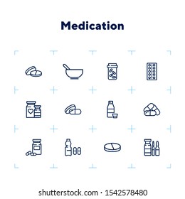 Medication icon set. Line icons collection on white background. Tablet, pill, painkiller. Supplement concept. Can be used for topics like healthcare, illness, pharmacy