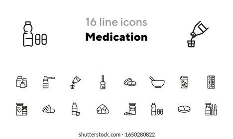 Conjunto de iconos de medicina. Colección de iconos de línea en fondo blanco. Comprimido, píldora, analgésico. Concepto complementario. Puede usarse para temas como salud, enfermedad, farmacia