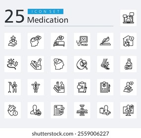 MEDICATION ICON SET OUTLINE STYLE  with therapeutic, telemedicine, alternative medicine, drug addiction, sleep medicine, medical devices, plastic surgery, palliative care and infectious disease