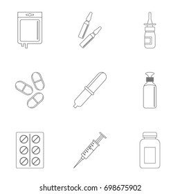Medication icon set. Outline style set of 9 medication vector icons for web isolated on white background