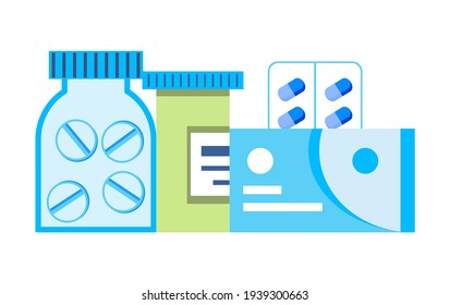 Symbol für Mediation, Vektorgrafik. Medizinische Hilfsgüter werden gezeigt. Pharmacy Store Concept Illustration. Pillen in Blasen, Medikamente in Behältern.