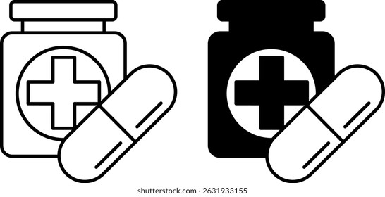 Ícones de Medicação. Ilustrações de vetor em preto e branco. Engarrafamento e cápsula. Remédio para o tratamento de várias doenças. Conceito de saúde mental