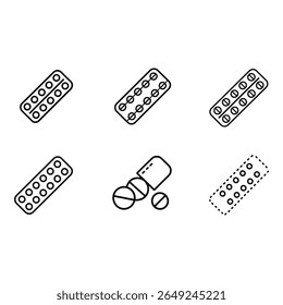 Ícones de medicação Linear Style Pill Pack e Tablet Illustrations Medical Graphics Set