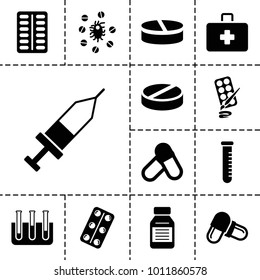Medication icons. set of 13 editable filled medication icons such as pill, test tube, medical pills, medicine, injection, virus and pills, paints