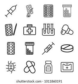 Medication icons. set of 16 editable outline medication icons such as paints, pill, bottle pills, first aid kit, syringe, medical kit, test tube, medicine, injection