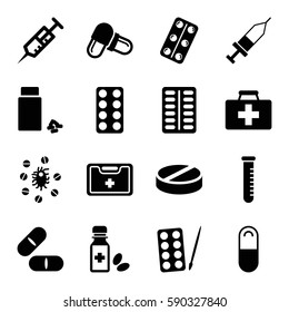 medication icons set. Set of 16 medication filled icons such as paints, first aid kit, syringe, pill, medicine, medical kit, medical pills, medicine bottle, injection