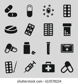 Medication icons set. set of 16 medication filled icons such as paints, first aid kit, syringe, pill, medicine, medical kit, medical pills, virus and pills, test tube