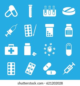 Medication icons set. set of 16 medication filled icons such as paints, first aid kit, syringe, pill, medicine, test tube, medical pills, injection, virus and pills