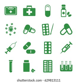 Medication icons set. set of 16 medication filled icons such as paints, first aid kit, syringe, pill, medicine, medical kit, test tube, medicine bottle, injection