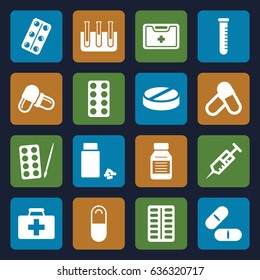 Medication icons set. set of 16 medication filled icons such as paints, first aid kit, syringe, pill, medicine, medical kit, test tube