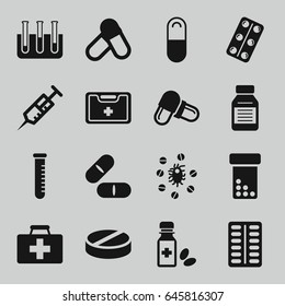 Medication icons set. set of 16 medication filled icons such as first aid kit, syringe, pill, medical kit, test tube, medical pills, medicine bottle, medicine, virus and pills