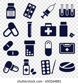 Medication icons set. set of 16 medication filled icons such as paints, first aid kit, pill, medicine, medical kit, test tube, medical pills, medicine bottle, injection