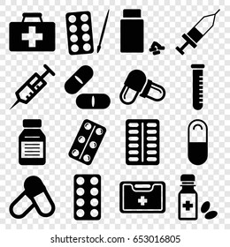 Medication icons set. set of 16 medication filled icons such as paints, first aid kit, syringe, pill, medicine, medical kit, medical pills, medicine bottle, injection