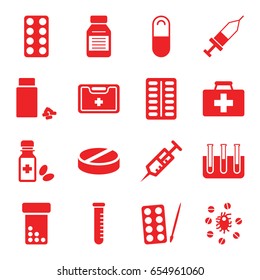 Medication icons set. set of 16 medication filled icons such as paints, first aid kit, syringe, pill, medicine, medical kit, test tube, medicine bottle, injection