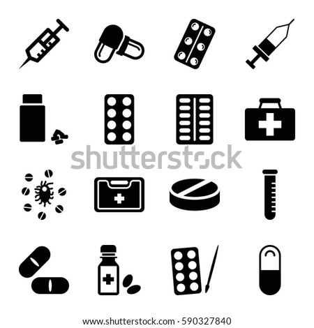 medication icons set. Set of 16 medication filled icons such as paints, first aid kit, syringe, pill, medicine, medical kit, medical pills, medicine bottle, injection
