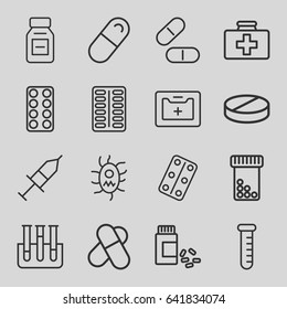Medication icons set. set of 16 medication outline icons such as first aid kit, pill, medicine, medical kit, test tube, medical pills, injection, virus and pills