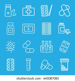 Medication icons set. set of 16 medication outline icons such as paints, first aid kit, pill, medicine, medical kit, test tube, medical pills, medicine bottle, virus and pills