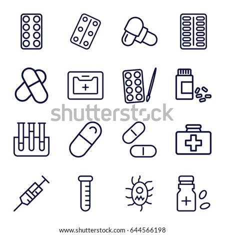 Medication icons set. set of 16 medication outline icons such as paints, first aid kit, syringe, pill, medicine, medical kit, test tube, medical pills, medicine bottle