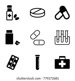 Medication icons. set of 9 editable filled and outline medication icons such as pill, first aid kit, medicine, medical pills, medicine bottle