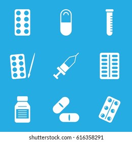 Medication icons set. set of 9 medication filled icons such as paints, pill, medical pills, medicine, injection