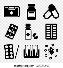 Medication icons set. set of 9 medication filled icons such as paints, pill, medical kit, test tube, medical pills, medicine bottle, medicine