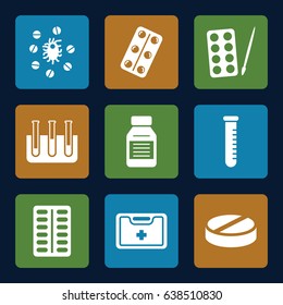 Medication icons set. set of 9 medication filled icons such as paints, pill, medical kit, test tube, medical pills, medicine