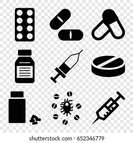 Medication icons set. set of 9 medication filled icons such as syringe, pill, medicine, injection