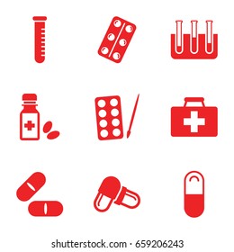 Medication icons set. set of 9 medication filled icons such as paints, first aid kit, pill, test tube, medical pills