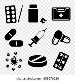 Medication icons set. set of 9 medication filled icons such as paints, pill, medicine, medical kit, medical pills, injection