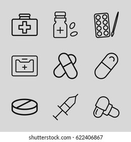 Medication icons set. set of 9 medication outline icons such as paints, first aid kit, pill, medical kit, medicine bottle