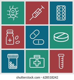 Medication icons set. set of 9 medication outline icons such as first aid kit, syringe, pill, medicine bottle, virus and pills, test tube