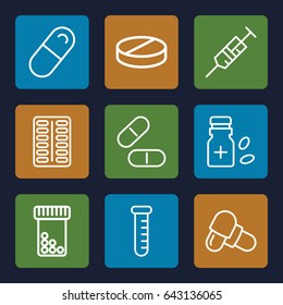 Medication icons set. set of 9 medication outline icons such as syringe, pill, medicine bottle, test tube