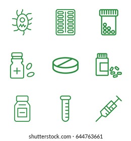 Medication icons set. set of 9 medication outline icons such as syringe, pill, medicine, medicine bottle, virus and pills, test tube