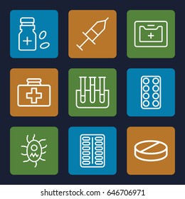 Medication icons set. set of 9 medication outline icons such as first aid kit, pill, medical kit, test tube, medicine bottle, injection