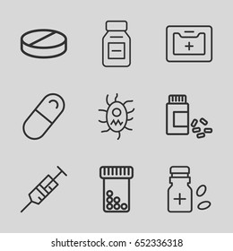 Medication icons set. set of 9 medication outline icons such as syringe, pill, medicine, medical kit, medicine bottle, virus and pills