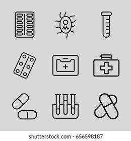 Medication icons set. set of 9 medication outline icons such as first aid kit, pill, medical kit, test tube, medical pills