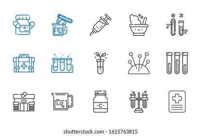 medication icons set. Collection of medication with hospital, tubes, medicine, beaker, pharmacy, test tube, needles, first aid kit, mortar. Editable and scalable medication icons.