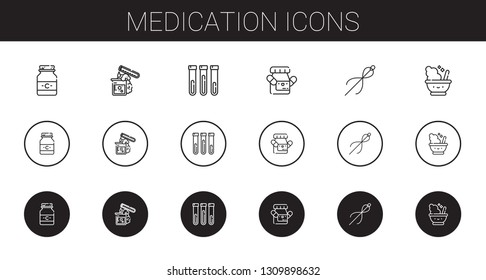 medication icons set. Collection of medication with medicine, test tube, needle, mortar. Editable and scalable medication icons.