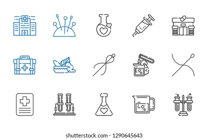 medication icons set. Collection of medication with tubes, beaker, potion, test tube, hospital, needle, mortar, first aid kit, pharmacy. Editable and scalable medication icons.