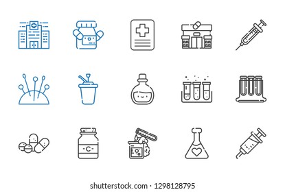 medication icons set. Collection of medication with vaccine, potion, test tube, medicine, pills, test tubes, syrup, needles, syringe, pharmacy. Editable and scalable medication icons.