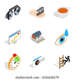 Medication icons set. Isometric set of 9 medication vector icons for web isolated on white background