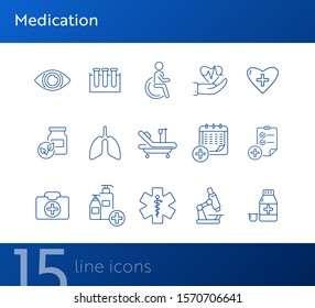 Medication icons. Set of line icons. Medical cross, drug, first aid kit. Inpatient examination concept. Vector illustration can be used for topics like medicine, healthcare, hospital