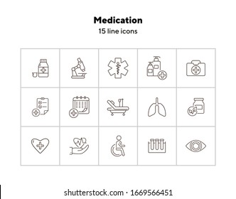 Medication icons. Set of line icons. Medical cross, drug, first aid kit. Inpatient examination concept. Vector illustration can be used for topics like medicine, healthcare, hospital