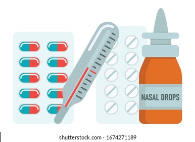 Medication icons set. Vector illustration of a thermometer, pills, capsules and nasal drops on a white background. Flat design of medical products.