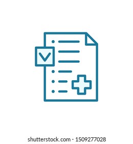 Medication insurance document icon. Pharmacy prescription health care contract. Online doctor. Outline contour blue line.